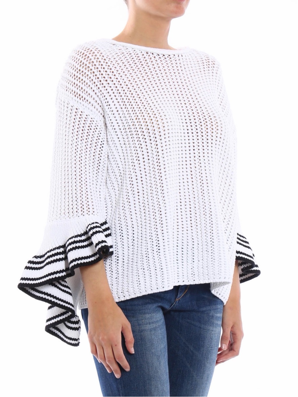 3.1 Phillip Lim White Open-Knit Sweater with Black-Trim Ruffle Sleeves